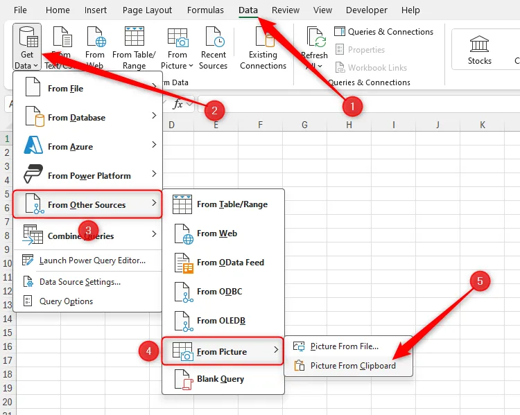 Tùy chọn &quot;Picture From Clipboard&quot; trong menu &quot;Get Data&quot; của Excel để nhập dữ liệu từ ảnh đã sao chép.