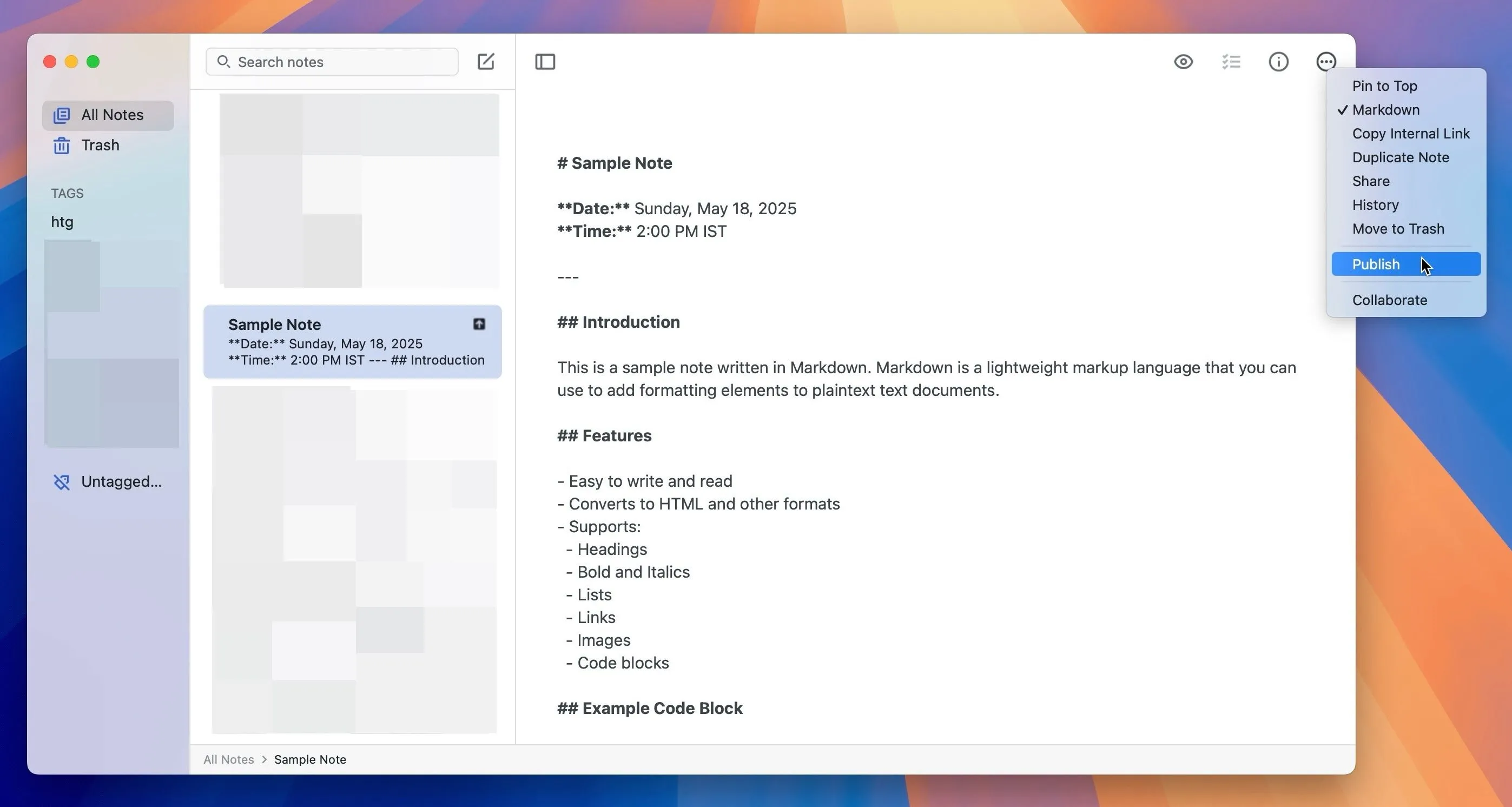 Tùy chọn &quot;Publish&quot; trong ứng dụng Simplenote trên máy Mac, cho phép xuất bản ghi chú thành trang web công khai.