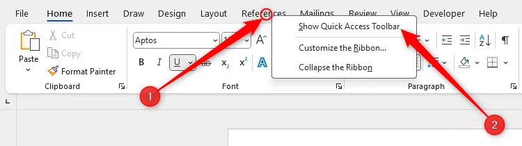 Tùy chọn 'Show Quick Access Toolbar' được chọn trong menu ngữ cảnh của Microsoft Word