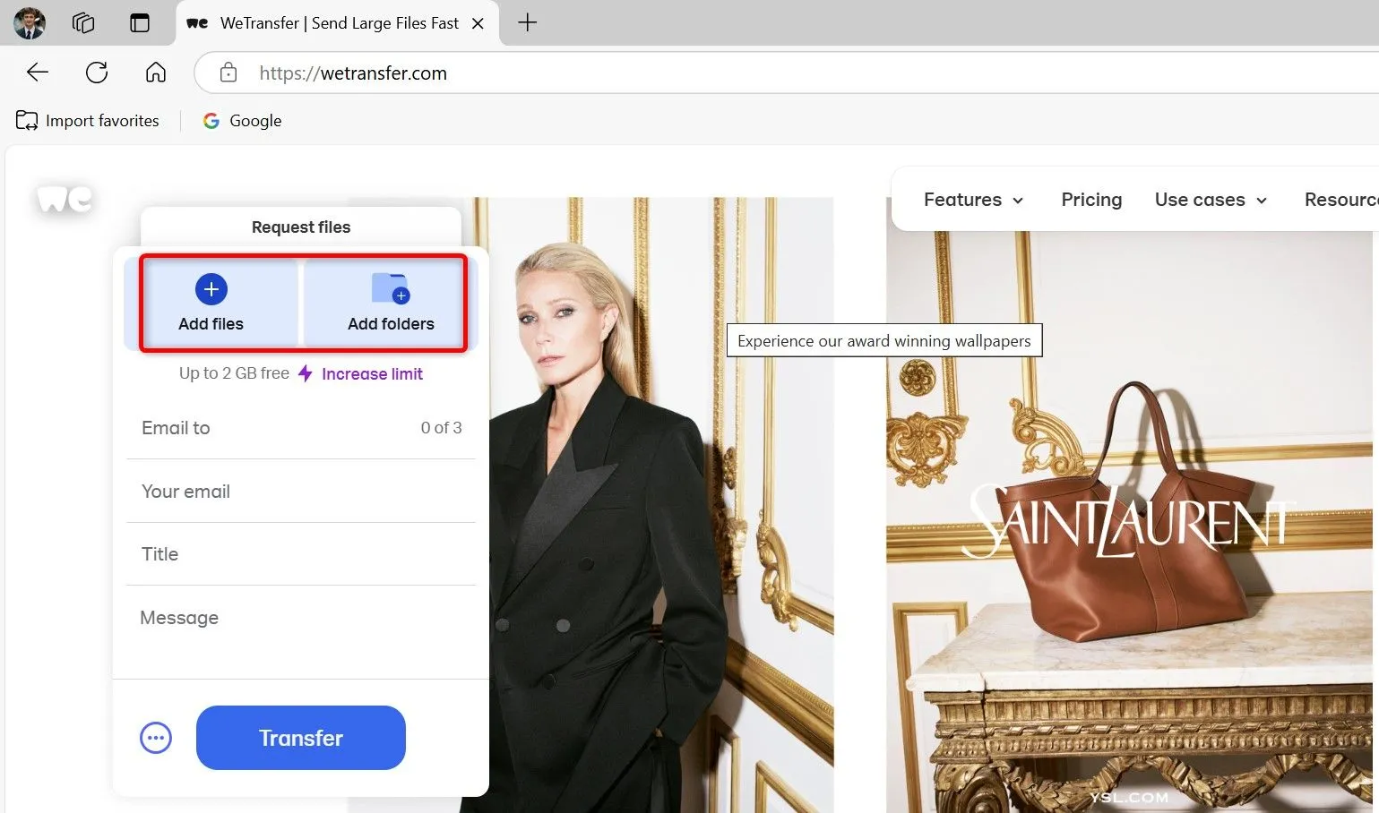 Tùy chọn thêm file hoặc thư mục trên giao diện WeTransfer để bắt đầu chia sẻ file lớn.