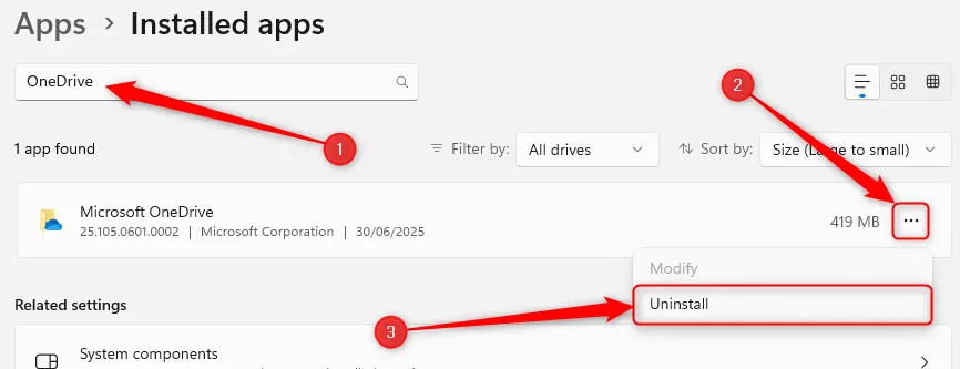 Tùy chọn 'Uninstall' (Gỡ cài đặt) được chọn cạnh ứng dụng Microsoft OneDrive trong cửa sổ 'Installed Apps' của Windows 11