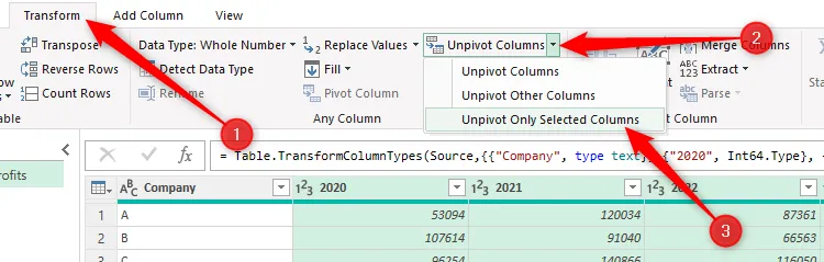 Tùy chọn &quot;Unpivot Only Selected Columns&quot; được chọn trong Power Query Editor để chuyển đổi các cột đã chọn thành hàng.