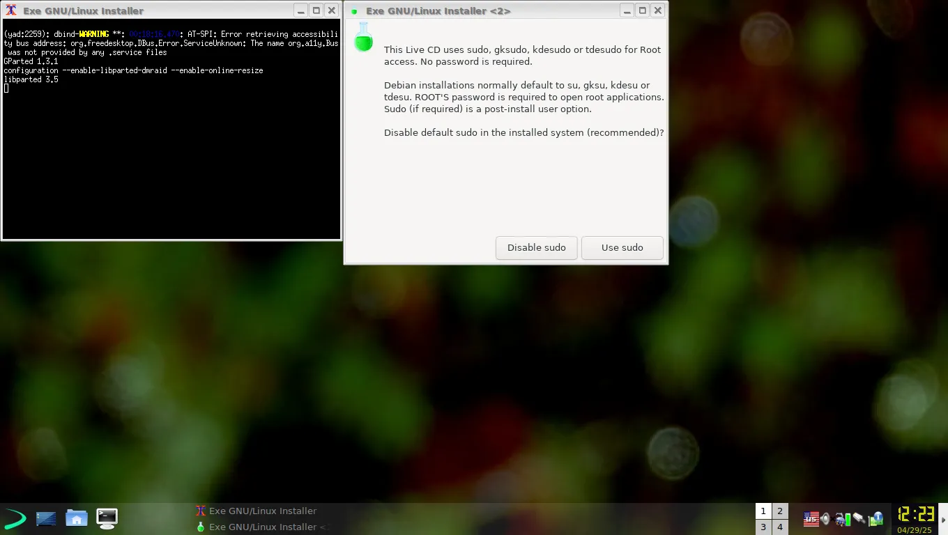 Tùy chọn vô hiệu hóa sudo trong quá trình thiết lập tài khoản người dùng của EXE GNU/Linux.