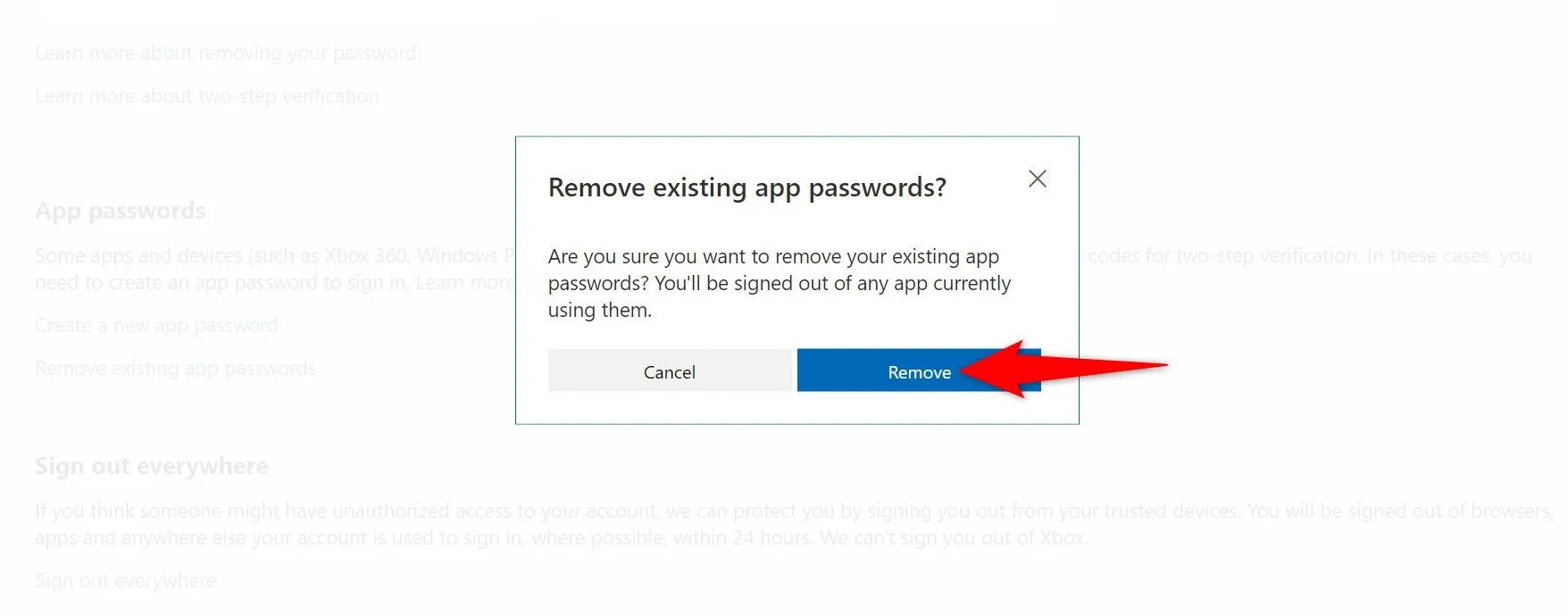 Tùy chọn &quot;Xóa mật khẩu ứng dụng hiện có&quot; trong tài khoản Microsoft để xóa tất cả mật khẩu