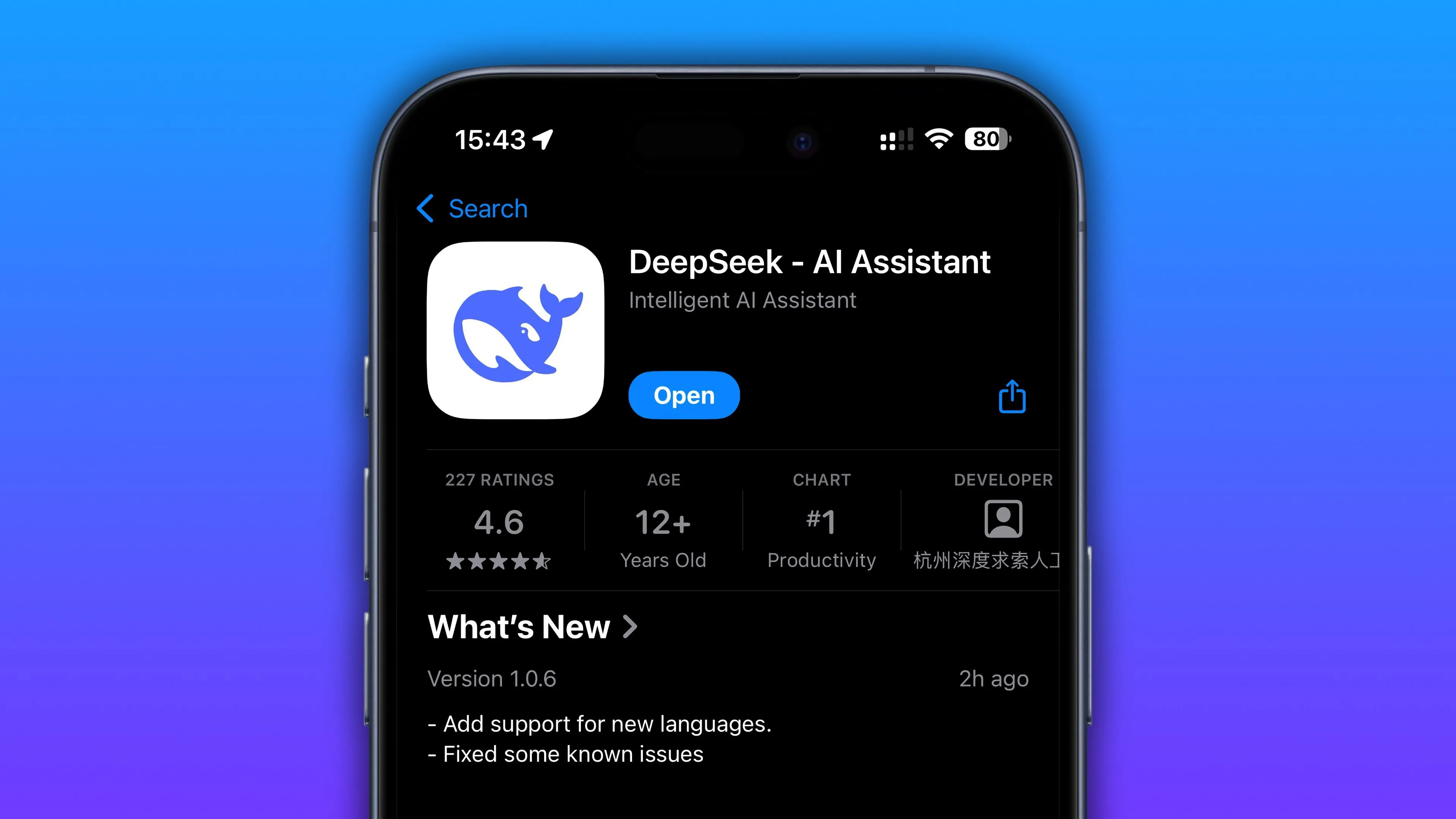 Ứng dụng chatbot AI DeepSeek trên App Store của iPhone, minh họa hệ thống phân phối ứng dụng của Apple.