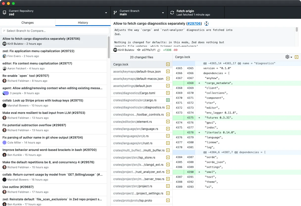 Ứng dụng GitHub Desktop hiển thị lịch sử các commit và chi tiết về một commit cụ thể