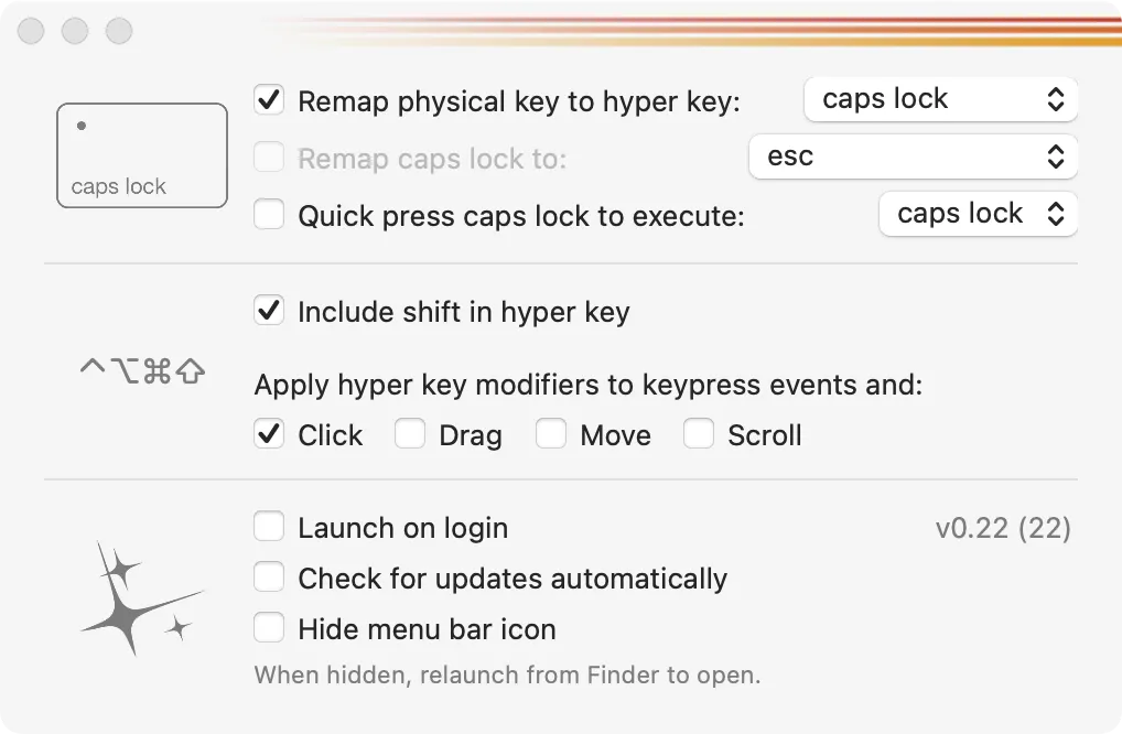 Ứng dụng HyperKey cho macOS hiển thị các tùy chọn để cải thiện và tùy chỉnh phím tắt