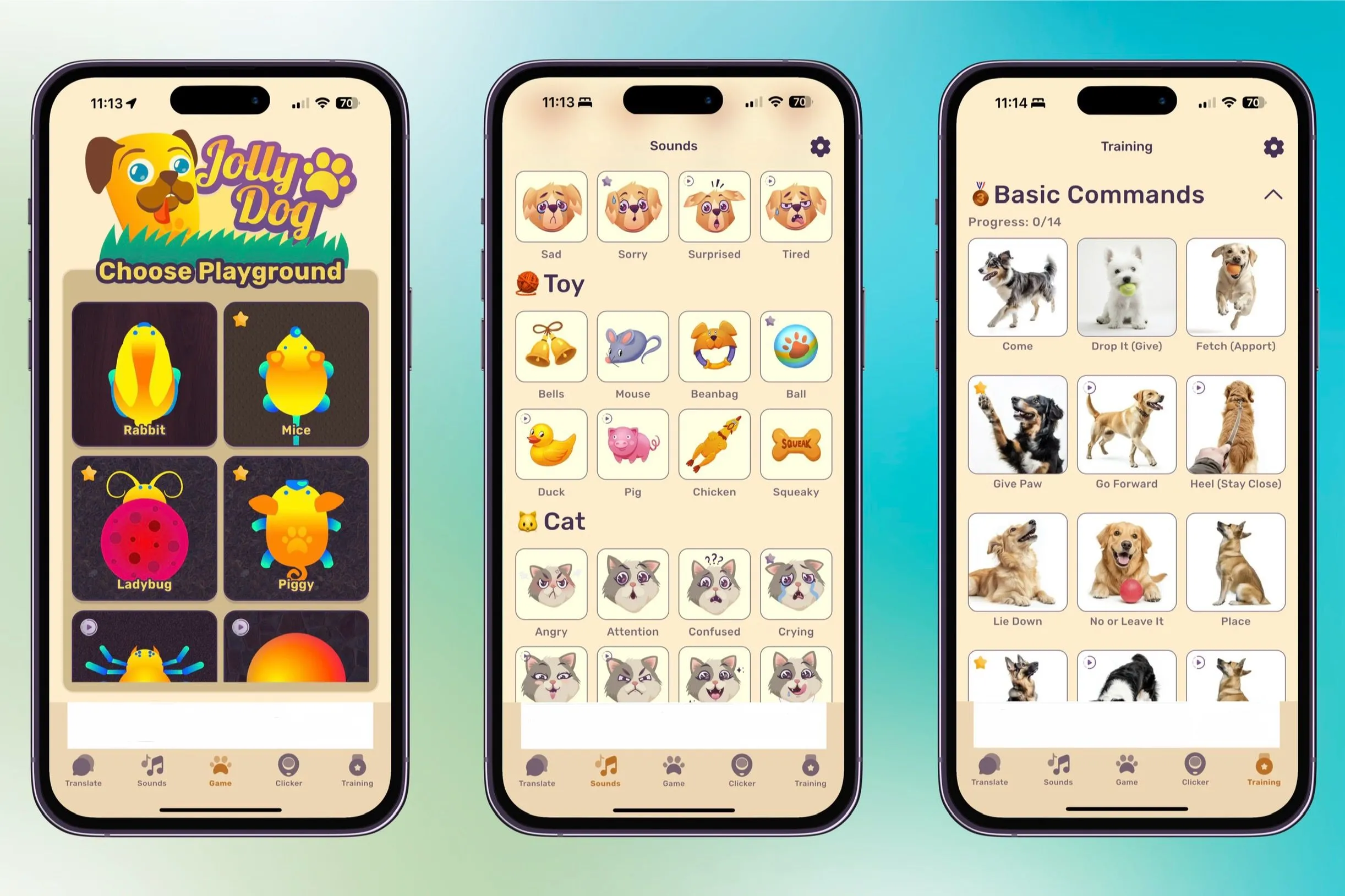 Ứng dụng Jolly Dog trên iPhone, cung cấp các công cụ huấn luyện và giải trí cho thú cưng.