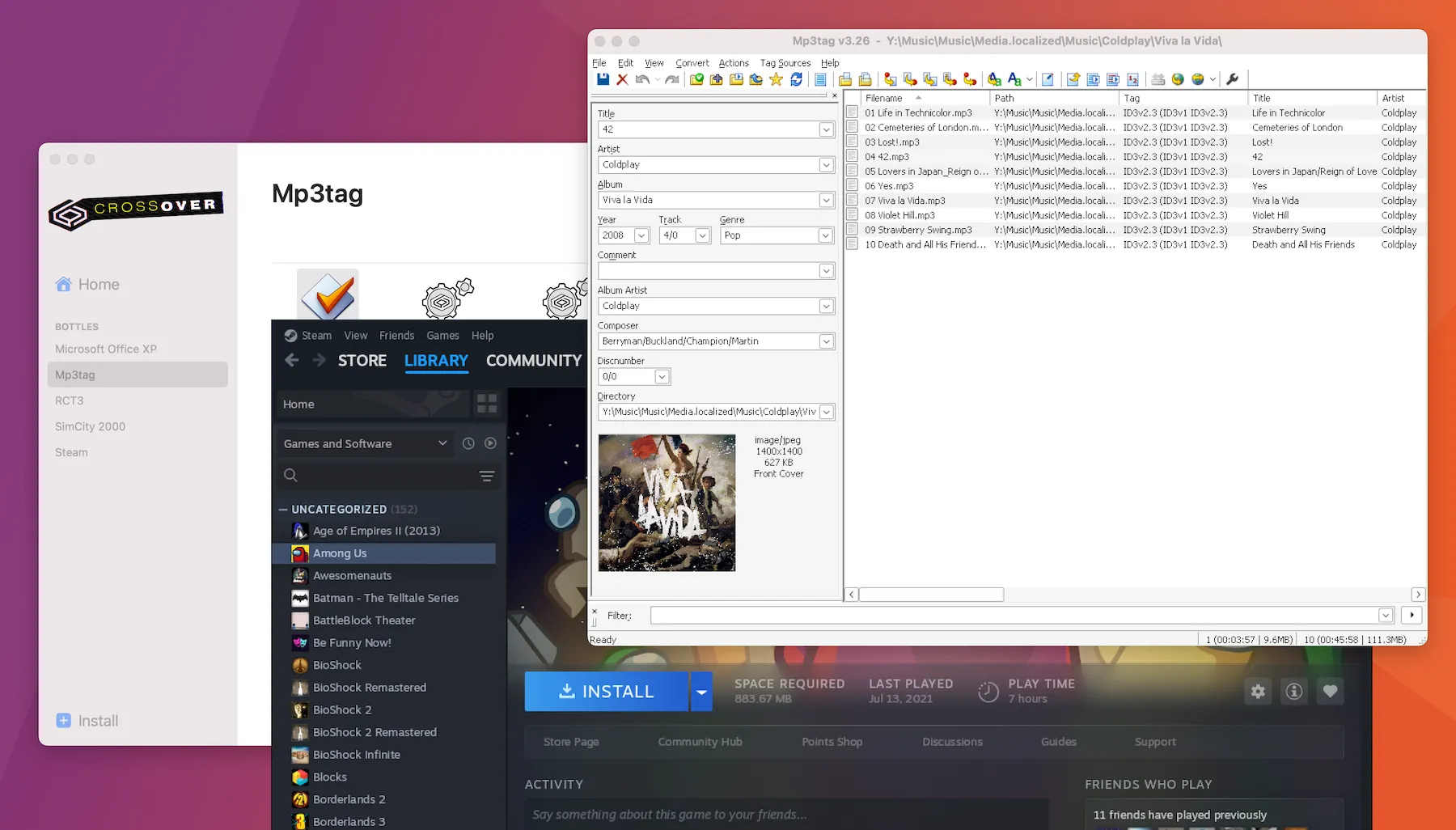 Ứng dụng Steam và Mp3tag của Windows đang chạy mượt mà trên Mac thông qua CrossOver, minh họa khả năng tương thích phần mềm Windows trên Mac Apple Silicon.
