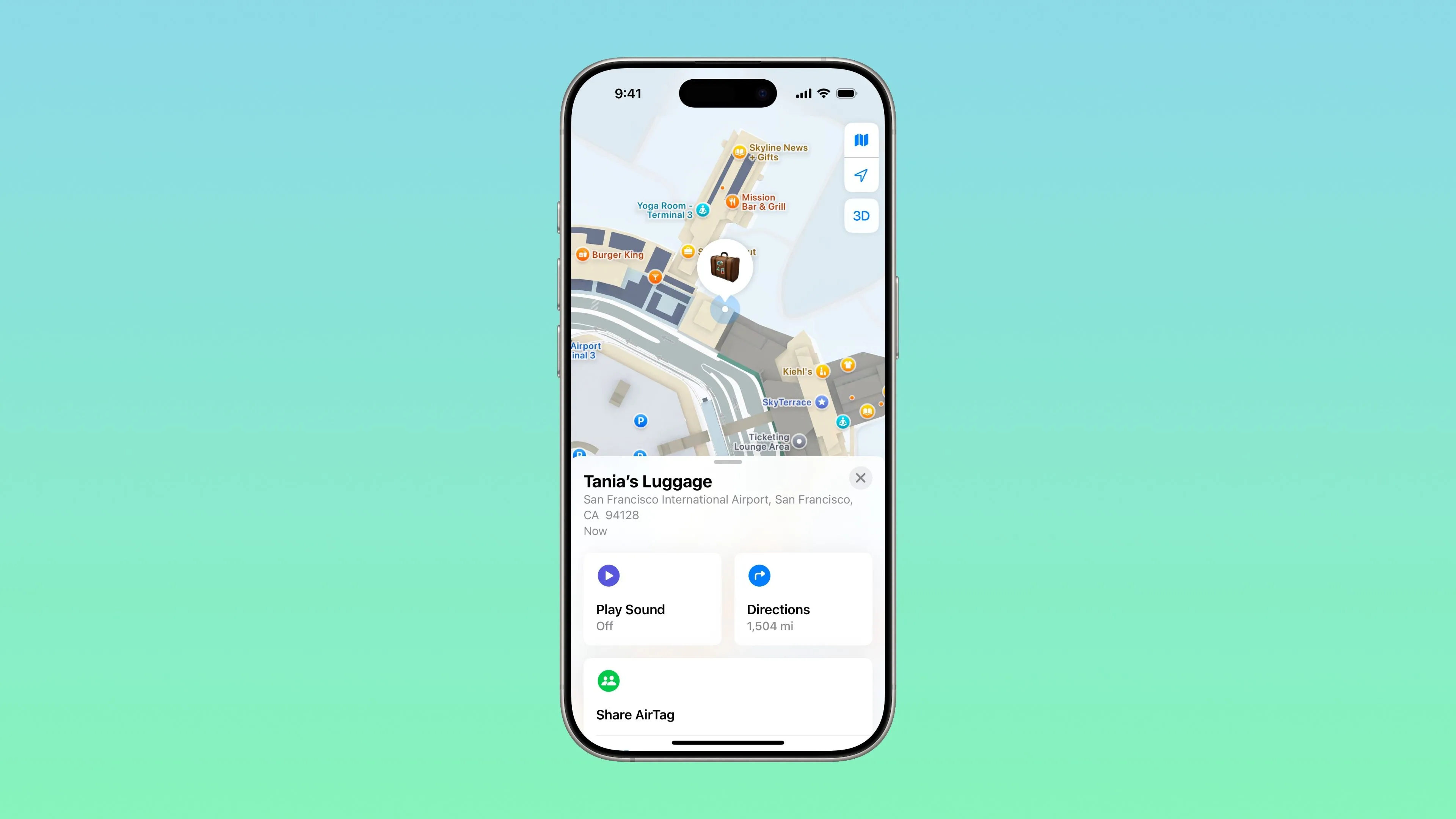 Ứng dụng Tìm (Find My) trên iPhone hiển thị vị trí của hành lý bị thất lạc, minh họa khả năng theo dõi thiết bị