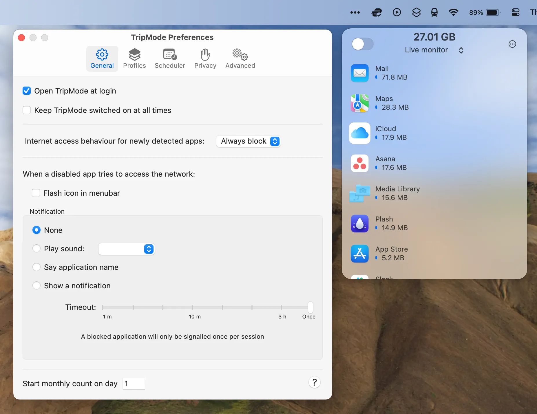 Ứng dụng TripMode đang lọc các ứng dụng truy cập internet khi sử dụng hotspot cá nhân trên macOS
