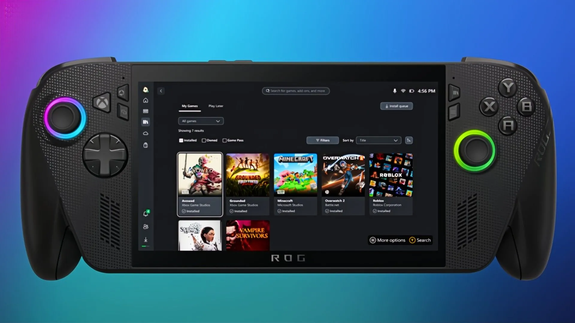 Ứng dụng Xbox hiển thị các trò chơi Avowed và Grounded trên thiết bị cầm tay ROG Ally, minh họa cho thiết bị chơi game cầm tay mang thương hiệu Xbox.