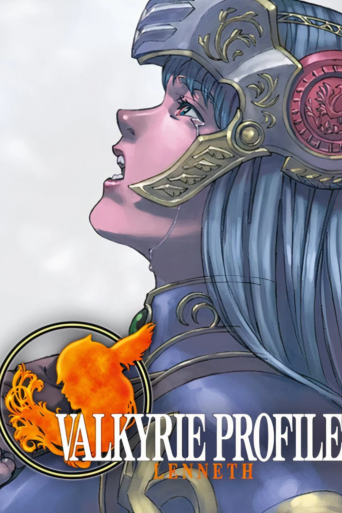 Valkyrie Profile: Lenneth - Valkyrie Lenneth trong bộ giáp hùng vĩ, đang bay lượn trên một cảnh quan thần thoại, sẵn sàng thu thập linh hồn chiến binh.
