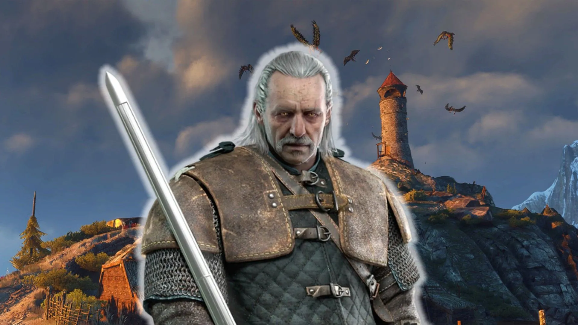 Vesemir cầm kiếm đứng trước một ngôi nhà trong The Witcher 3.