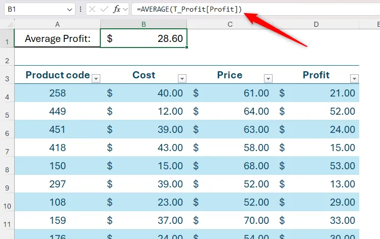 Ví dụ công thức Excel sử dụng tham chiếu cấu trúc rõ ràng với tên bảng đã đổi thay vì tên mặc định