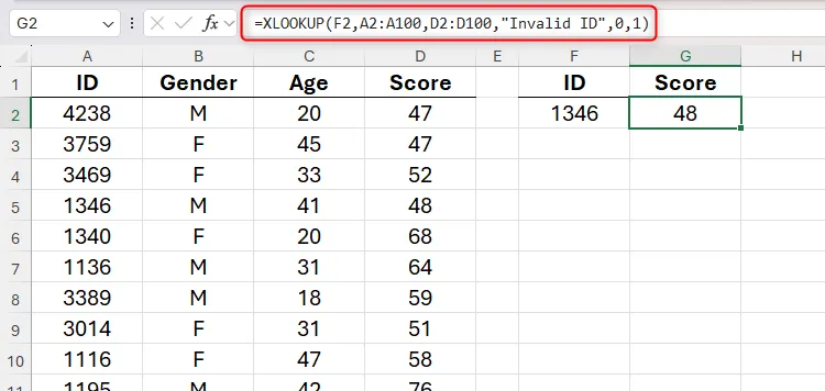 Ví dụ minh họa hàm XLOOKUP một chiều trong Excel, tìm điểm số dựa trên ID đã cho