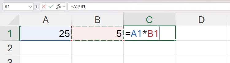 Ví dụ phép nhân tham chiếu ô trong Excel, với giá trị tại ô A1 và B1 được tính toán và kết quả hiển thị ở C1.