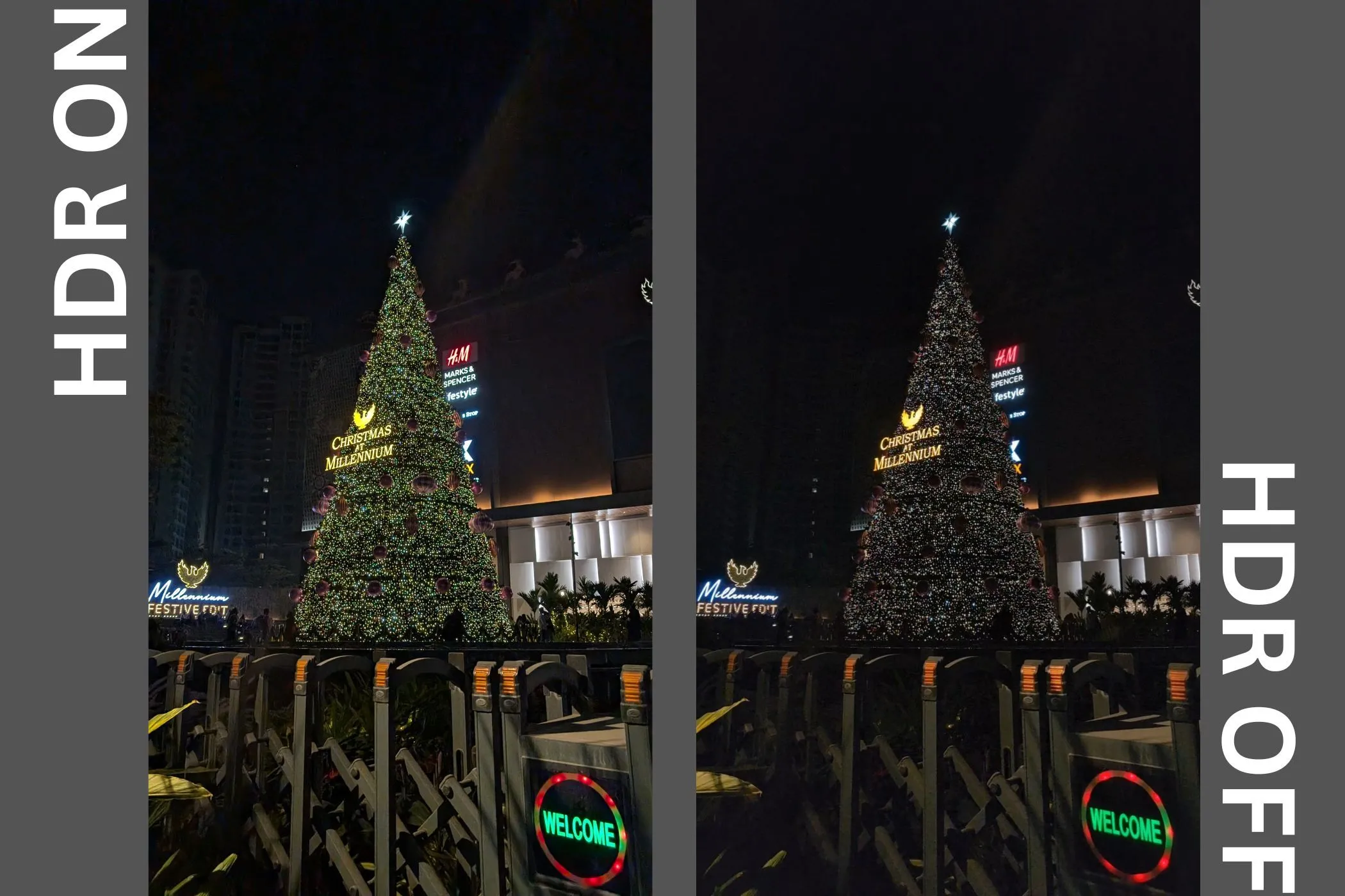 Ví dụ so sánh ảnh chụp với HDR BẬT và HDR TẮT, minh họa sự thay đổi về độ tương phản và cảm xúc của bức ảnh.