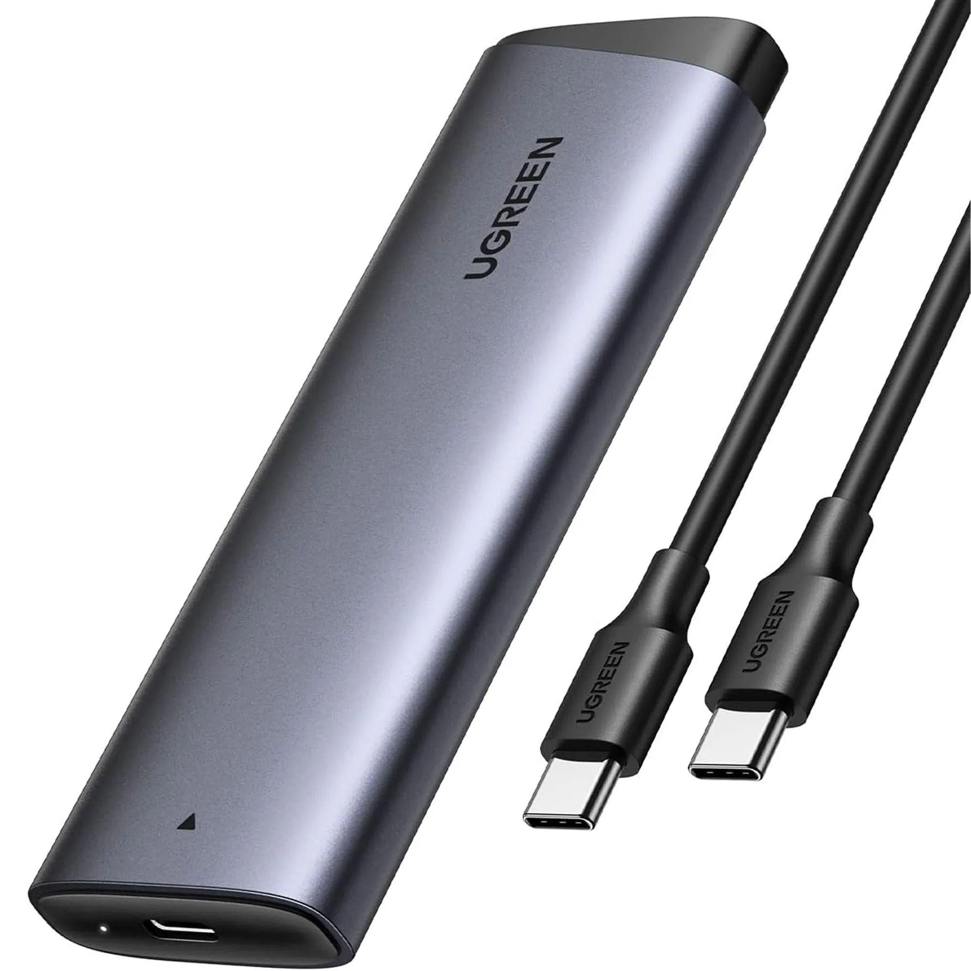 Vỏ bọc UGREEN M.2 USB Enclosure màu xám bạc, làm nổi bật thiết kế nhỏ gọn và khả năng mang đi mọi nơi.