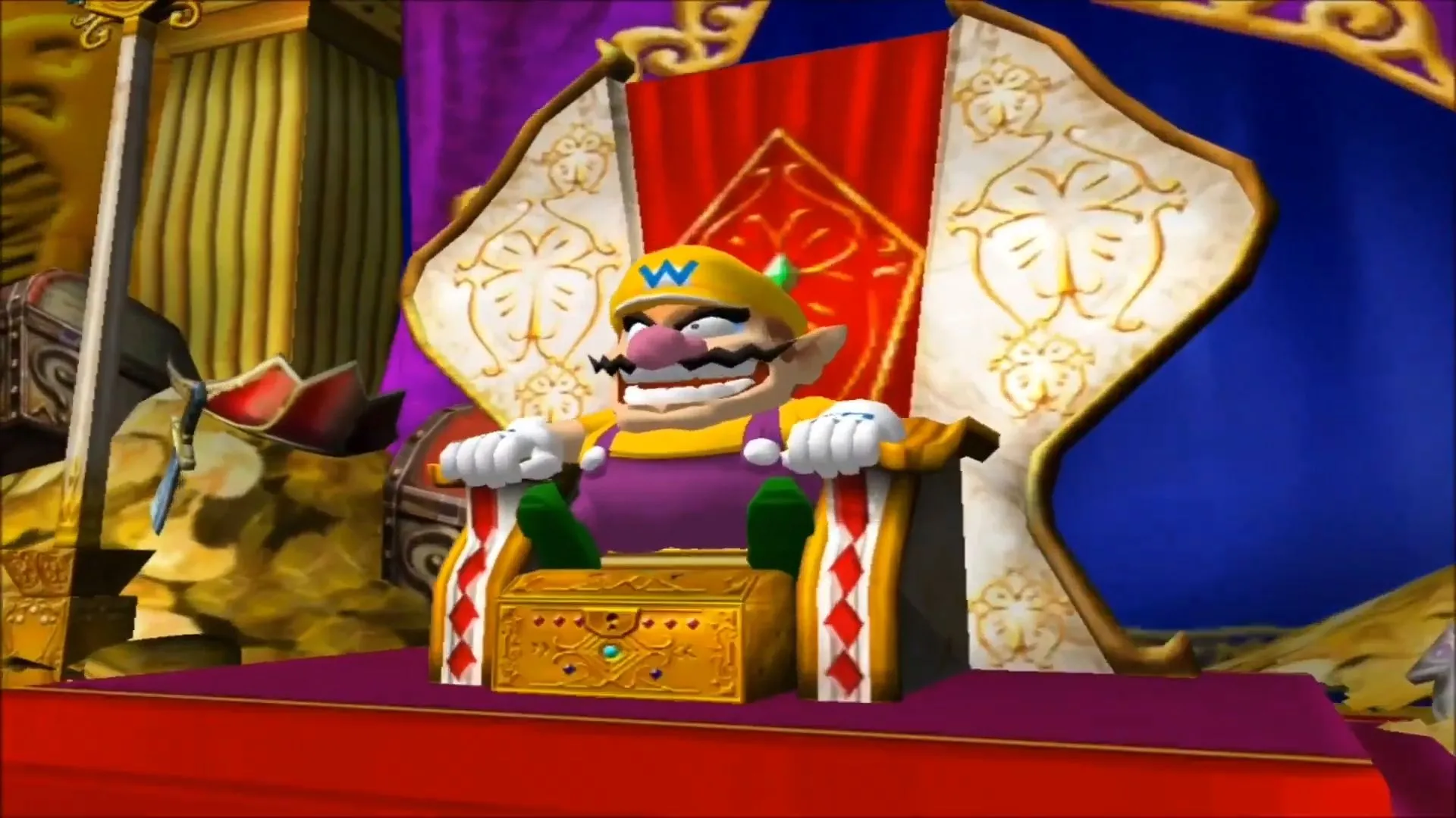 Wario đang ngồi trên ngai vàng với kho báu xung quanh trong Wario World