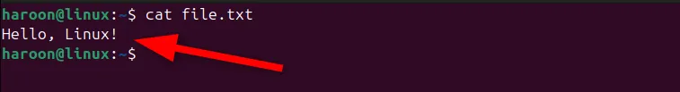 Xem nội dung file sau khi tạo bằng lệnh echo và toán tử chuyển hướng trên Linux terminal.