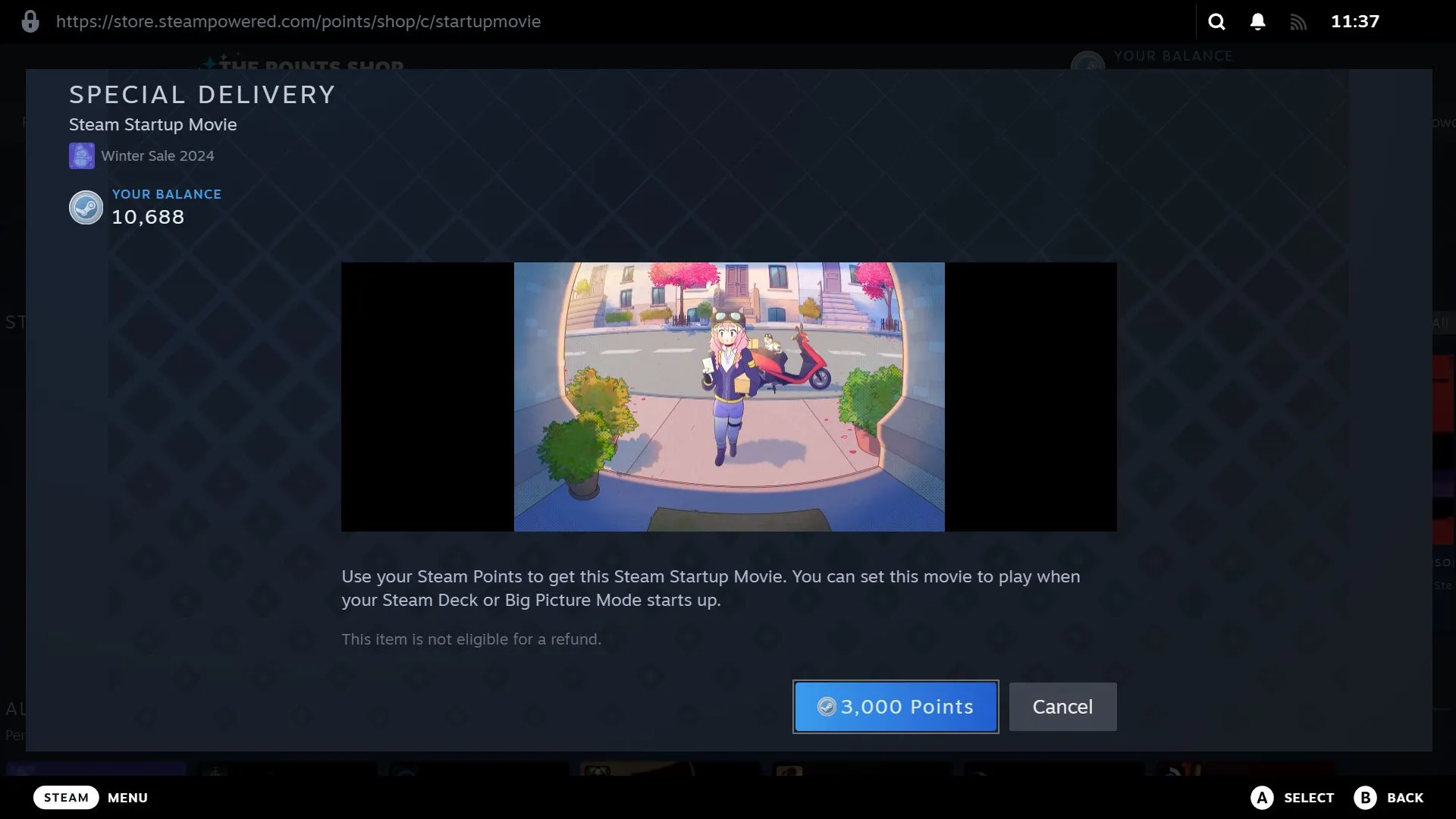 Xem trước một phim khởi động Steam trong Cửa hàng Điểm, cho phép người dùng xem chi tiết trước khi quyết định mua với 3.000 điểm.