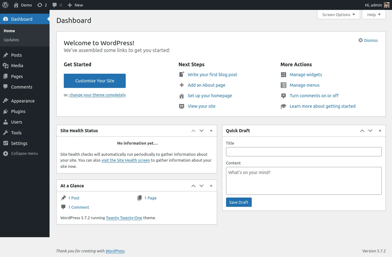 Ảnh chụp màn hình bảng điều khiển WordPress sau khi cài đặt mới