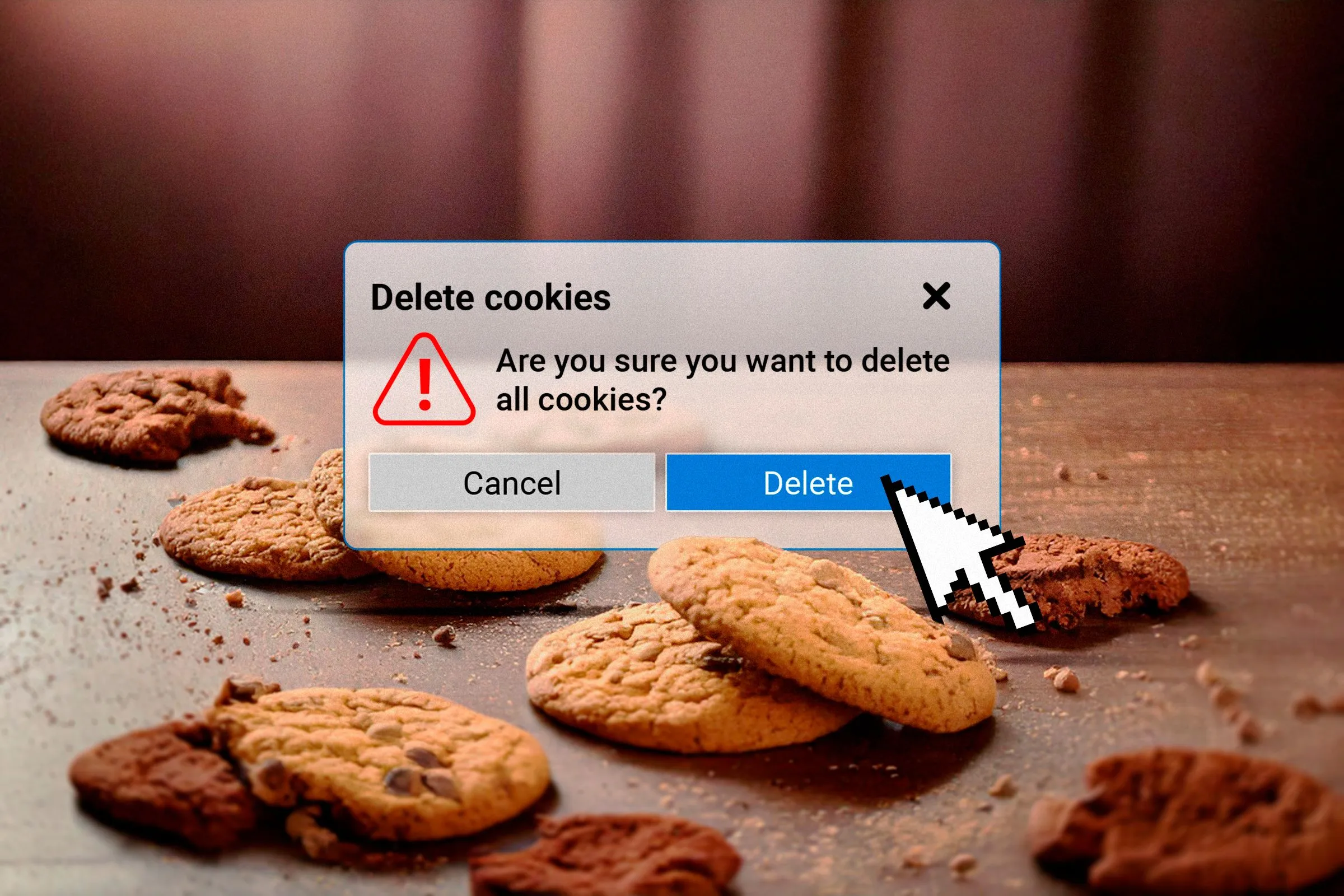 Bàn làm việc với cookie và cửa sổ xóa cookie.