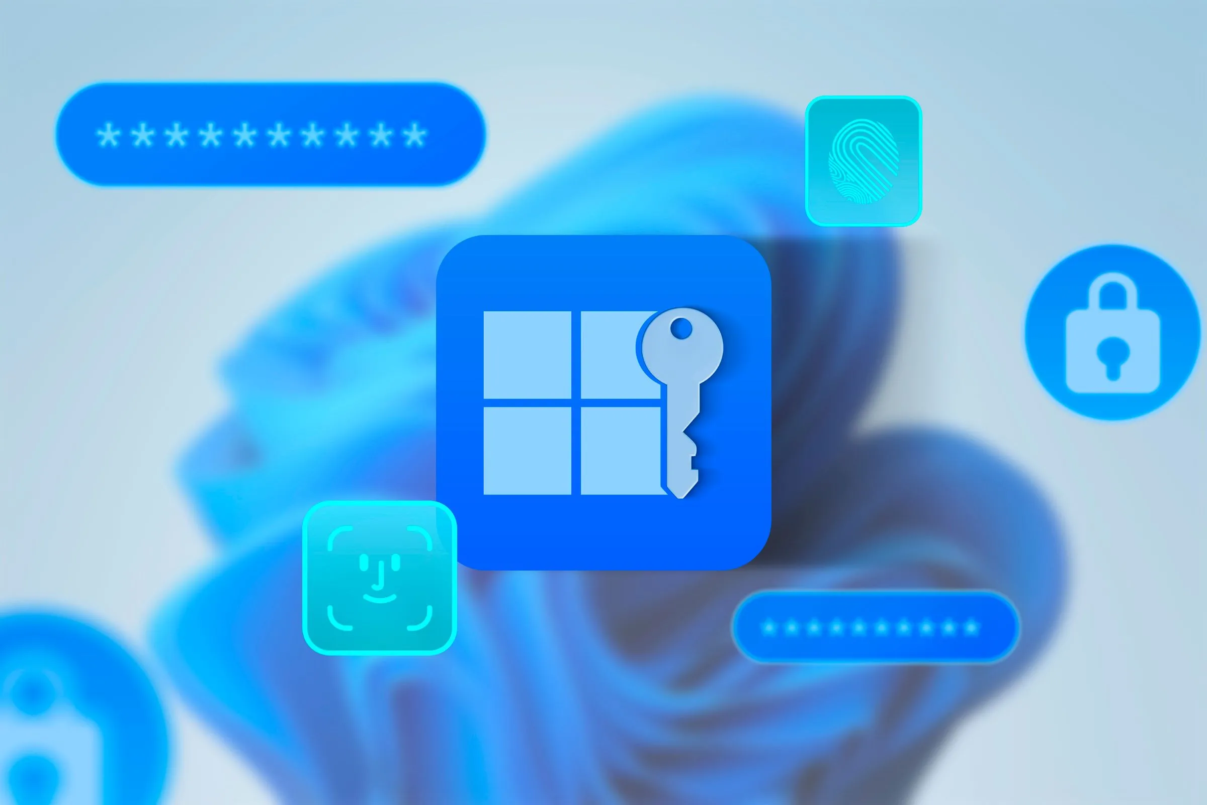 Biểu tượng Windows 11 với chìa khóa và các icon bảo mật, nhận diện khuôn mặt, đại diện cho tính năng quản lý Passkey mới.
