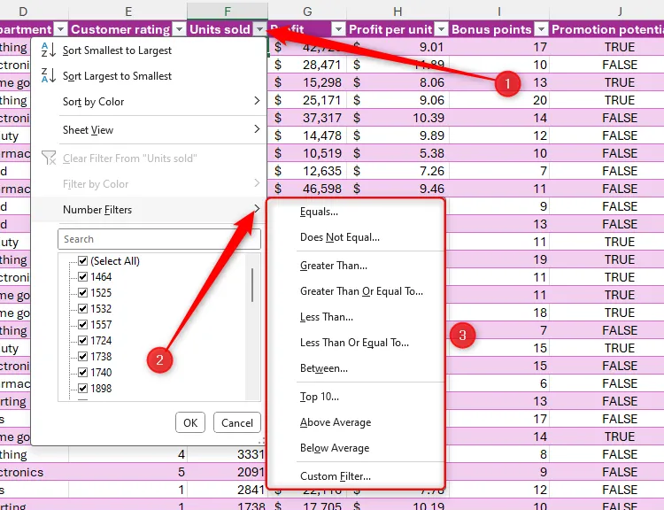 Các tùy chọn bộ lọc số trong bảng Microsoft Excel, hỗ trợ lọc dữ liệu theo giá trị số, ví dụ như lớn hơn, nhỏ hơn, hoặc giữa các giá trị.