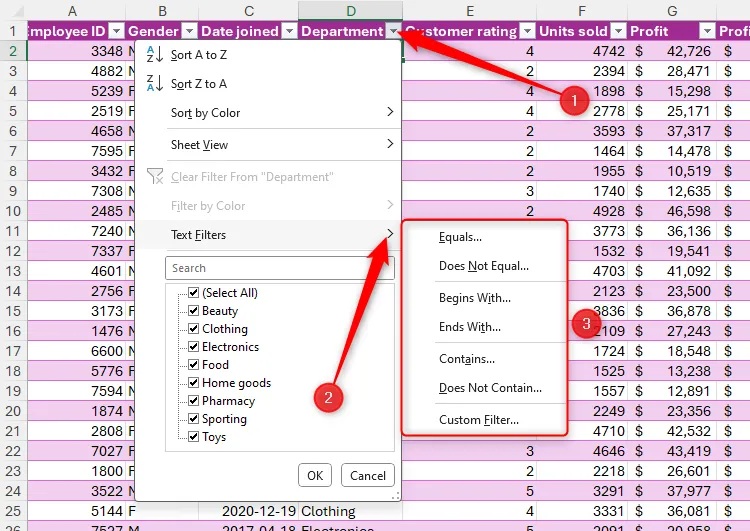 Các tùy chọn bộ lọc văn bản trong bảng Microsoft Excel, cho phép người dùng lọc dữ liệu dựa trên các điều kiện văn bản.