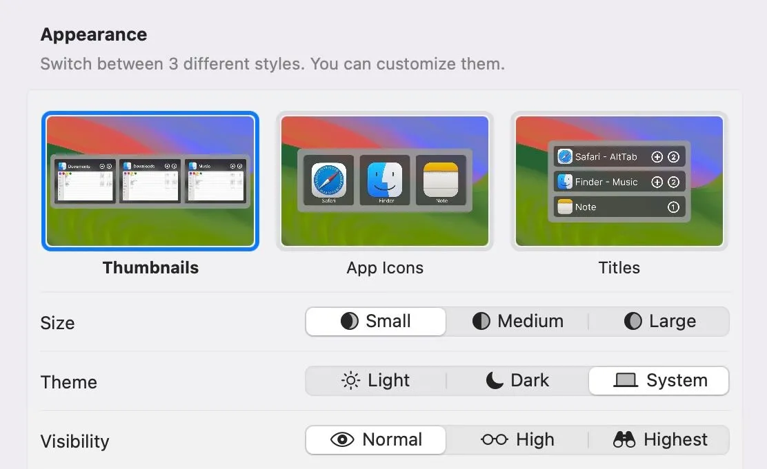 Các tùy chọn tùy chỉnh giao diện xem trước trong AltTab Preferences