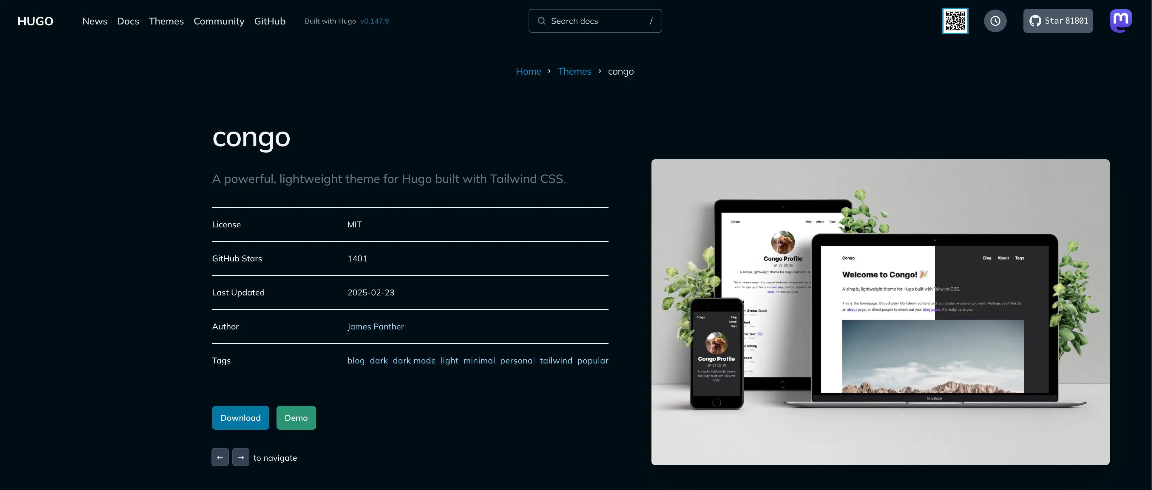 Chủ đề Congo của Hugo hiển thị trên trang web chính thức của Hugo
