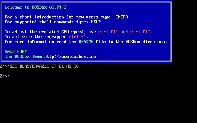 Giao diện dòng lệnh của DOSBox hoạt động trên hệ điều hành Linux.