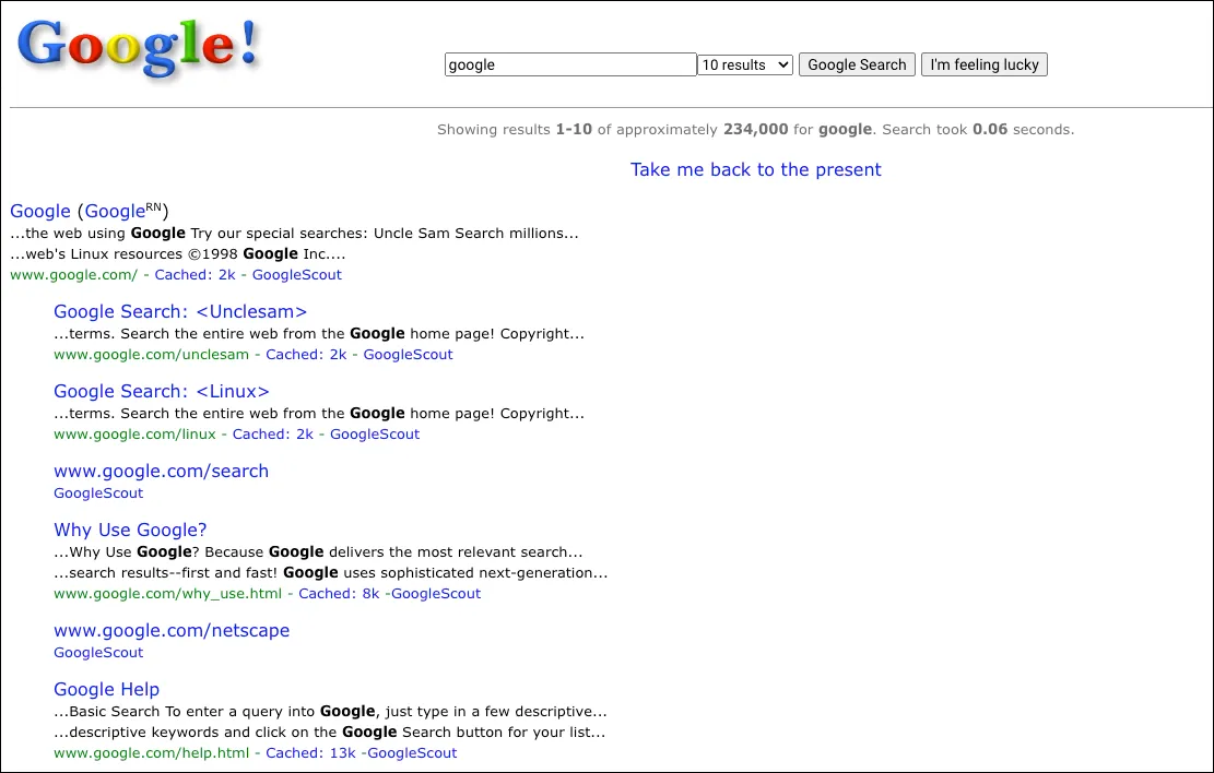 Giao diện Google Search năm 1998 khi mới ra mắt, thể hiện sự đơn giản và tốc độ.