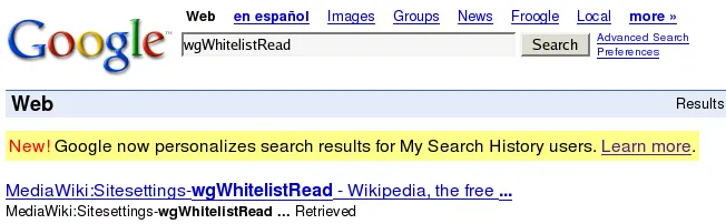 Giao diện Google Search năm 2005, minh họa tính năng tìm kiếm cá nhân hóa được giới thiệu.