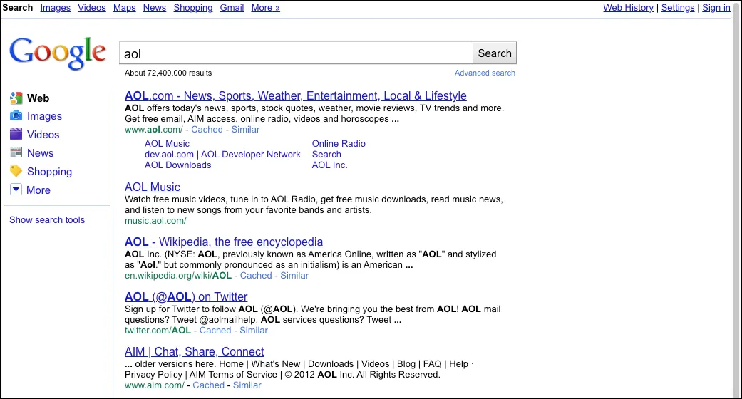 Giao diện Google Search năm 2010 với thanh sidebar (thanh bên) mới, giúp người dùng lọc kết quả dễ hơn.