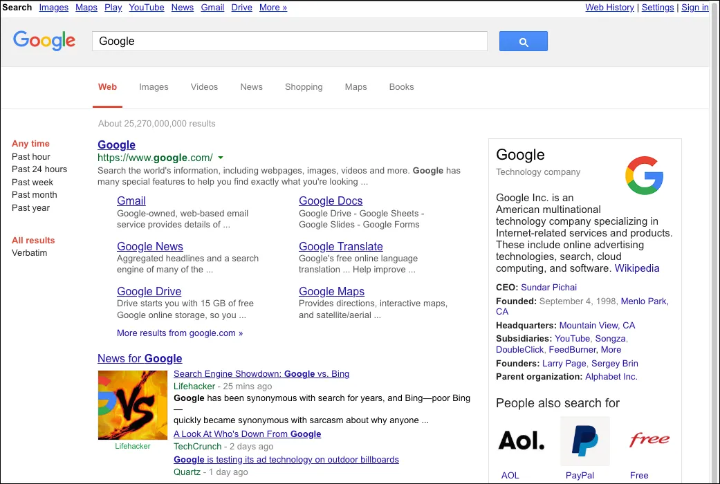 Giao diện Google Search năm 2015 với logo Google mới hiện đại, sau khi ra mắt công ty mẹ Alphabet.