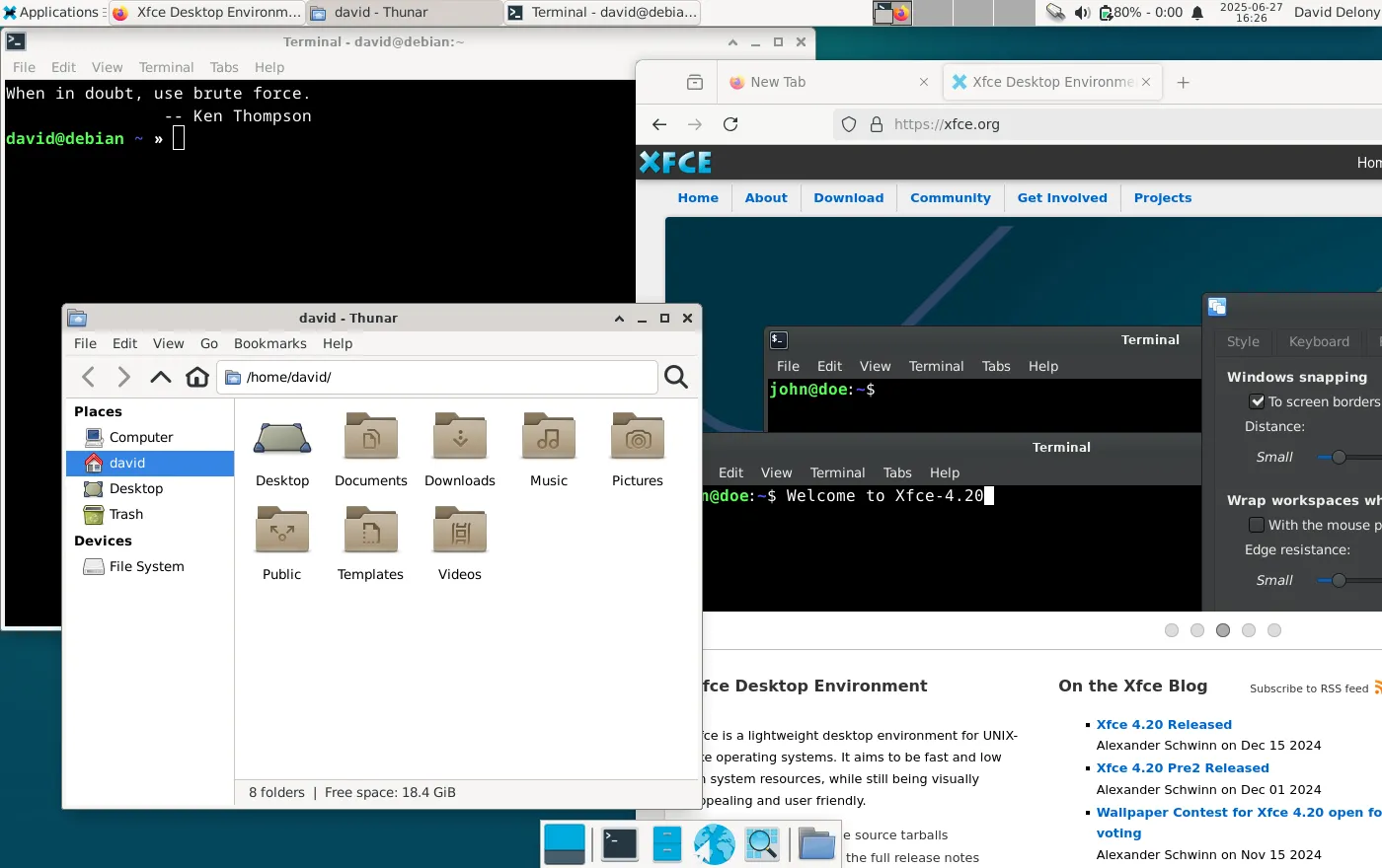 Giao diện môi trường desktop Xfce với trình quản lý file Thunar, trình duyệt Firefox và cửa sổ terminal đang mở.