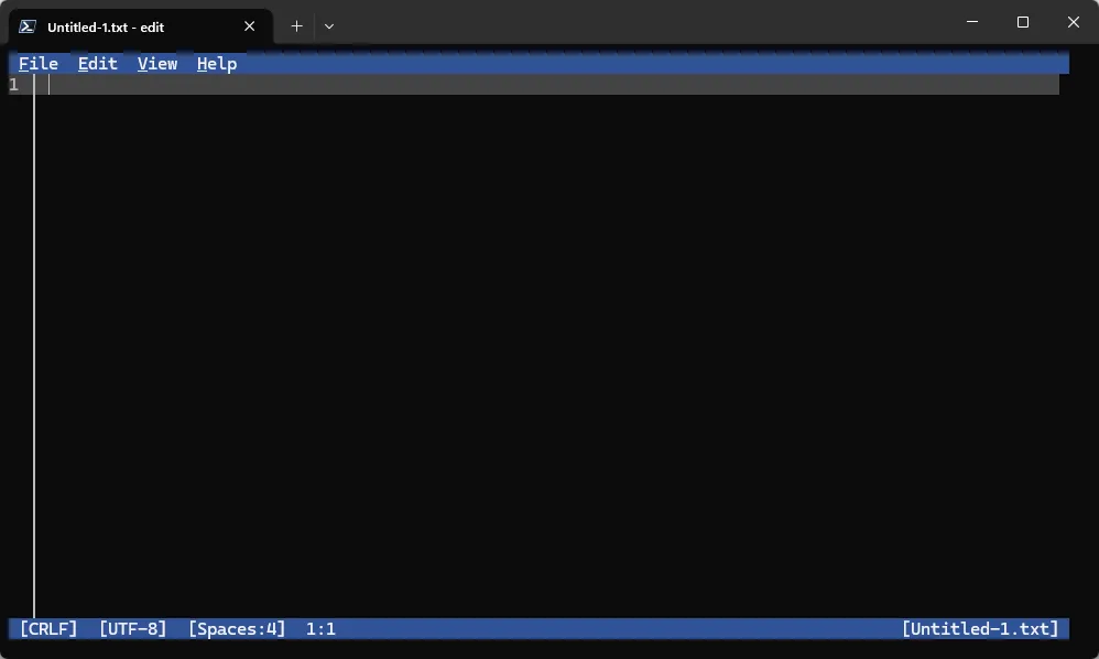 Giao diện tối giản với bốn nút chức năng File, Edit, View, Help của Microsoft Edit.
