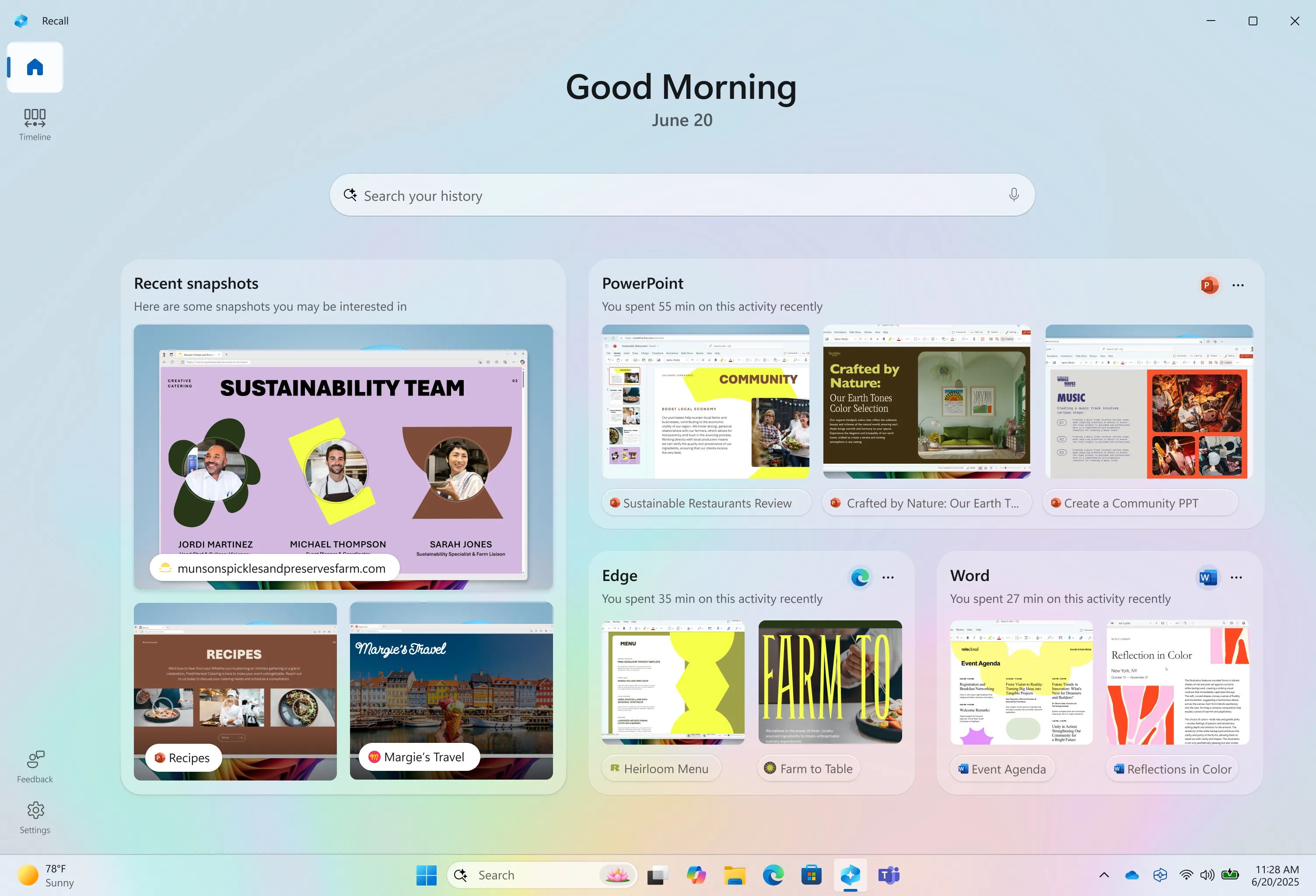 Giao diện trang chủ mới của Windows Recall hiển thị các ứng dụng và trang web được sử dụng gần đây
