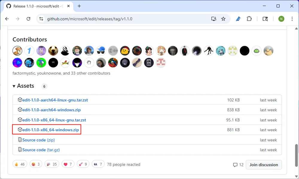 Giao diện trang GitHub của Microsoft Edit với các bản phát hành ZIP để tải xuống.