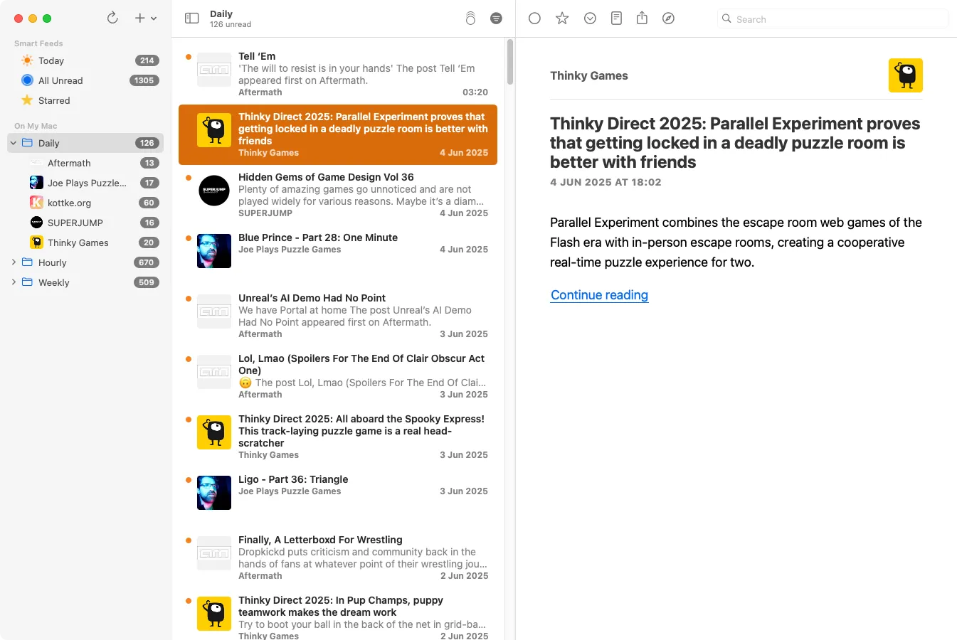 Giao diện ứng dụng đọc RSS NetNewsWire trên macOS, hiển thị ba cột: danh sách các nguồn cấp dữ liệu, danh sách bài viết từ nguồn đã chọn và nội dung chi tiết của một bài viết.