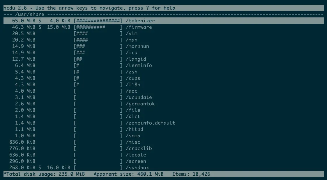 Giao diện ứng dụng ncdu TUI hiển thị danh sách file và thư mục cùng với kích thước trên Linux