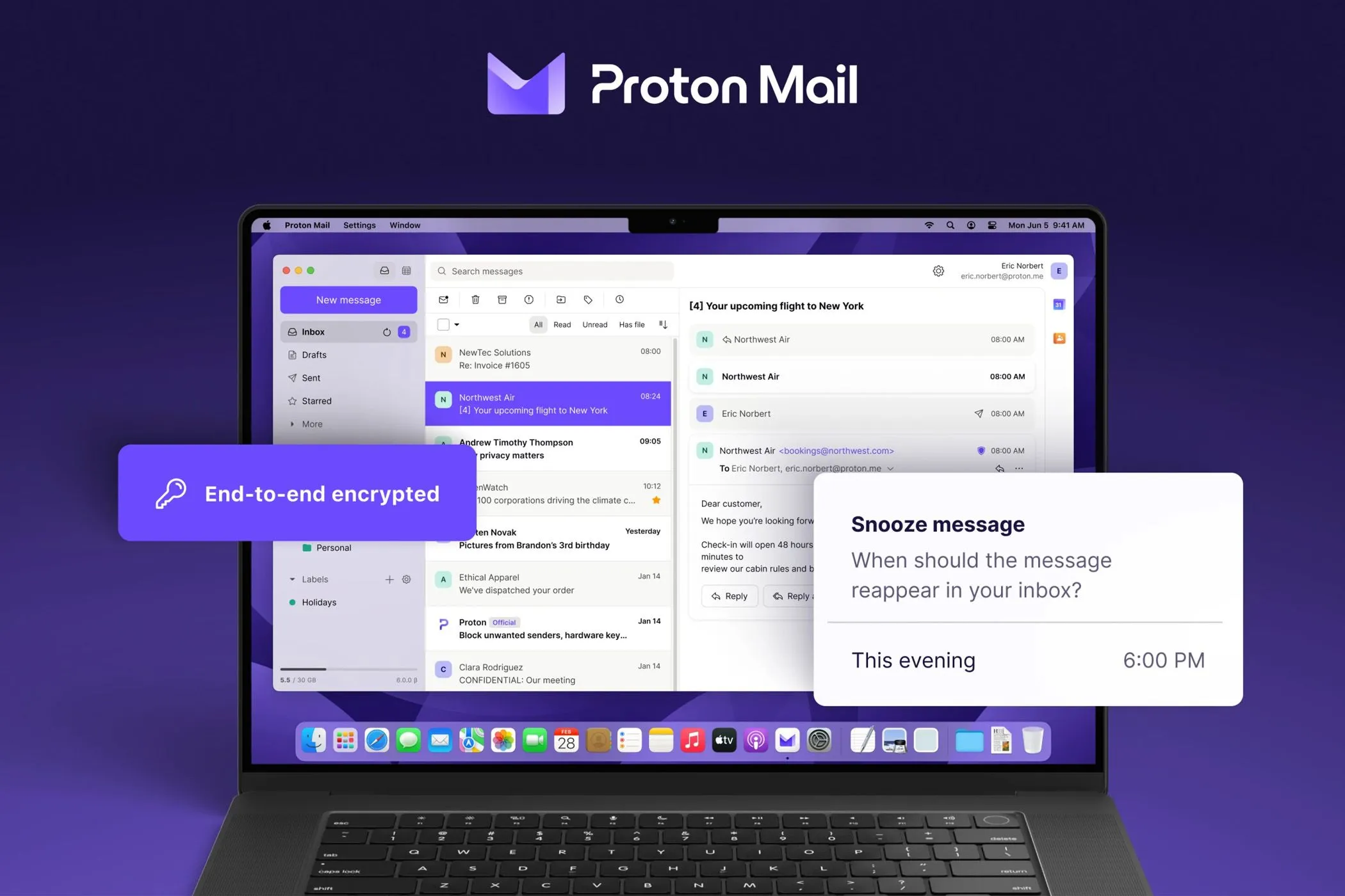Giao diện ứng dụng Proton Mail trên máy tính xách tay với các tính năng email bảo mật