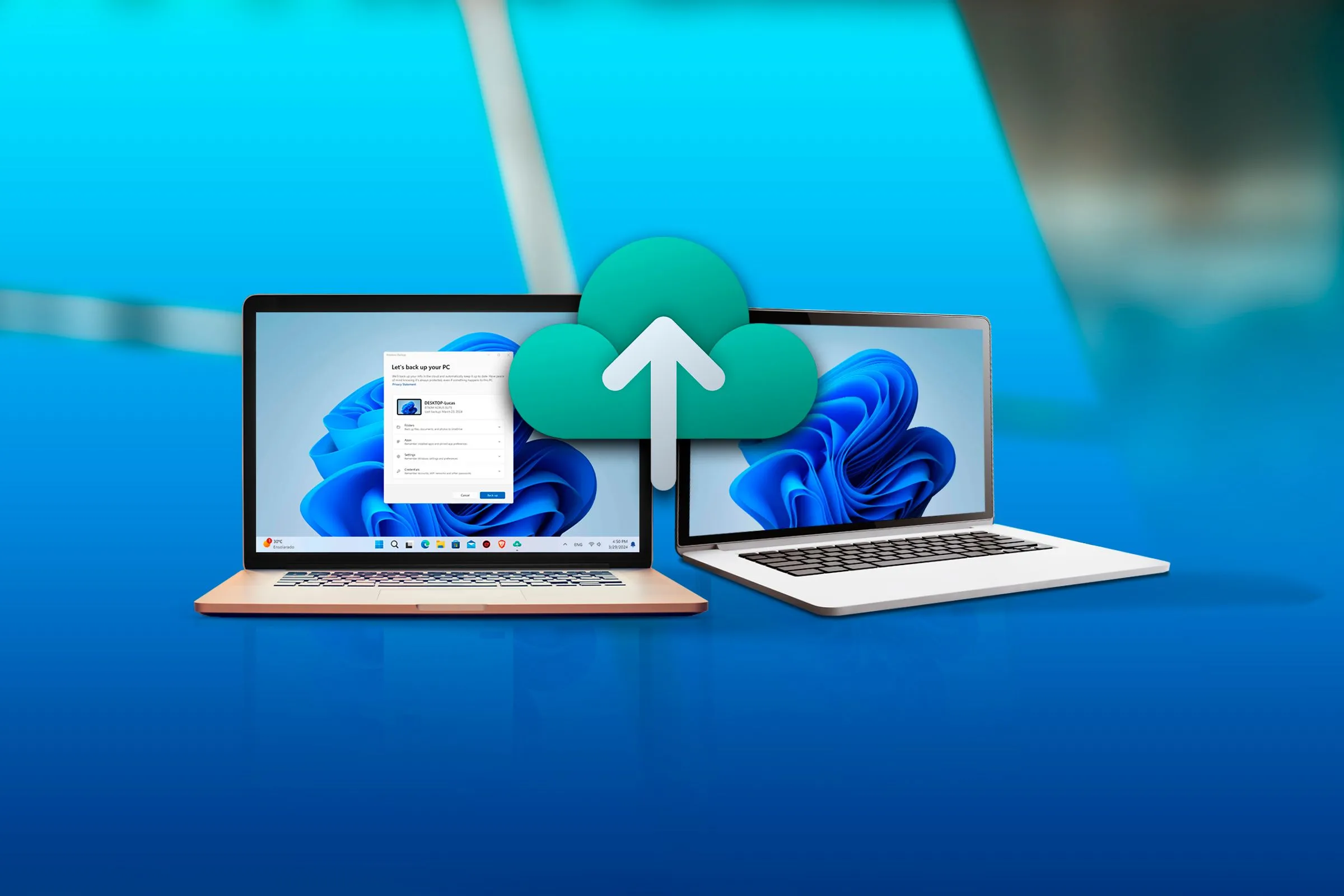 Giao diện Windows Backup cho tính năng chuyển dữ liệu giữa hai máy tính Windows 10 và 11.