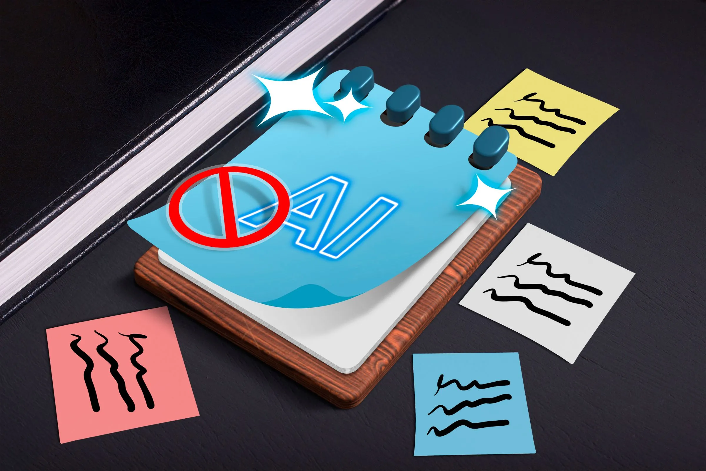 Hình ảnh minh họa logo Notepad trên nền một thiết bị Surface kèm các ghi chú xung quanh.