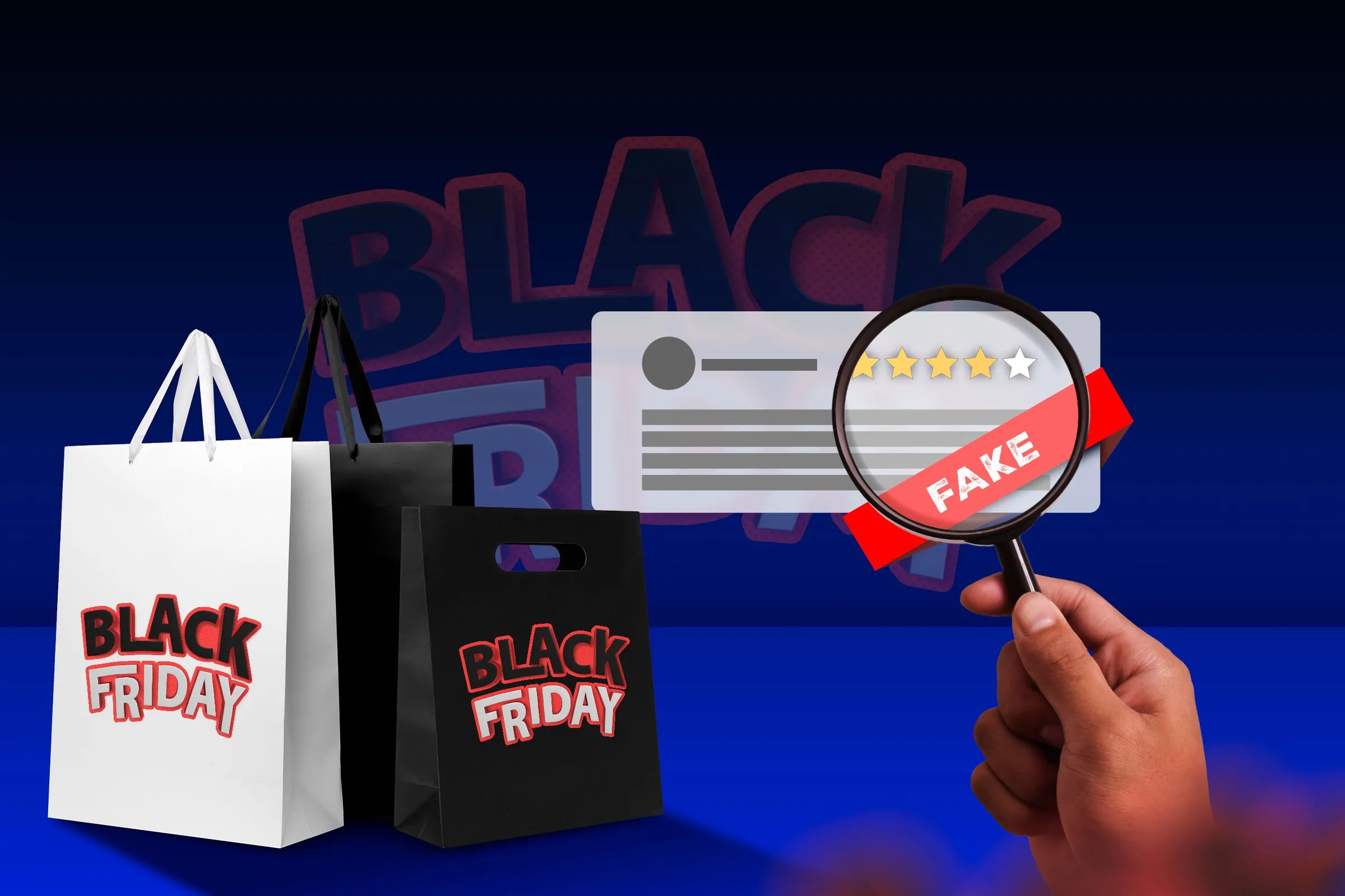 Hình ảnh những chiếc túi mua sắm Black Friday và một bàn tay cầm kính lúp trên một đánh giá giả