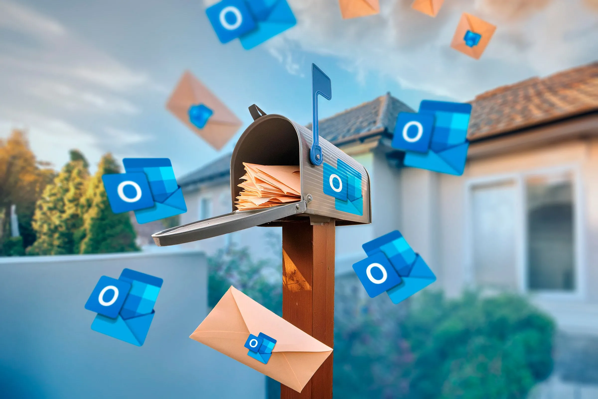 Hộp thư với biểu tượng Outlook và nhiều bức thư, tượng trưng cho dịch vụ email Microsoft đang bị gián đoạn và các tính năng Outlook mới sắp ra mắt