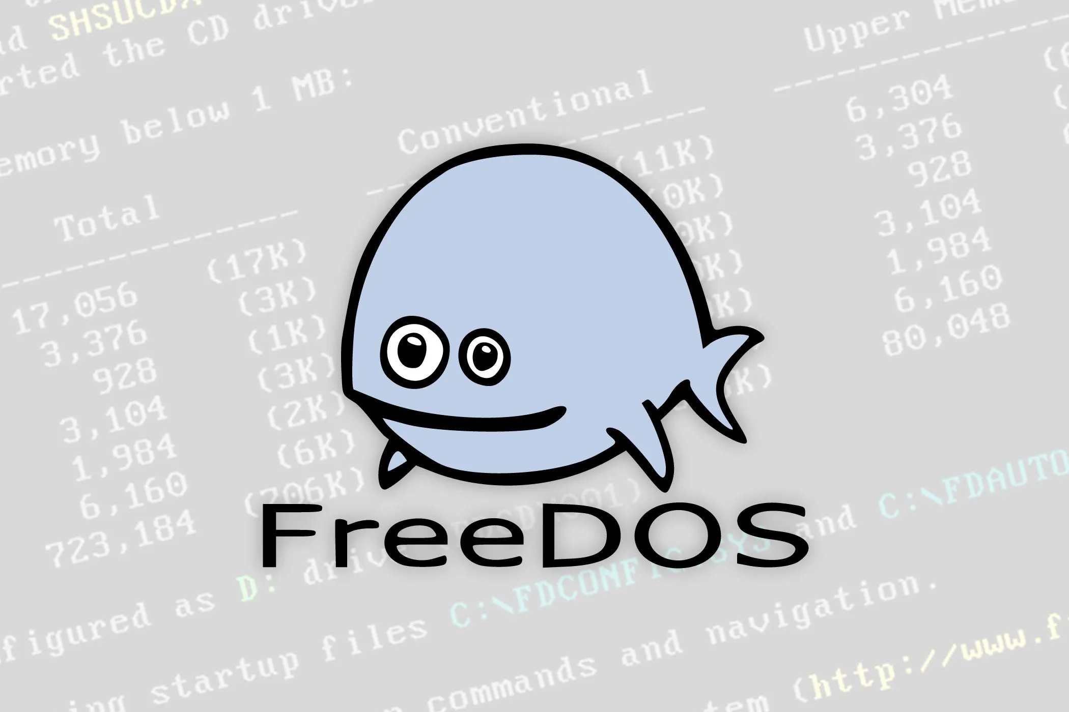 Logo FreeDOS và giao diện dòng lệnh DOS truyền thống trên Linux.